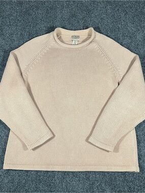 LL Bean Roll Neck Sweater Fisherman Chunky Waffle Knit Cotton Beige Brown Mens L
